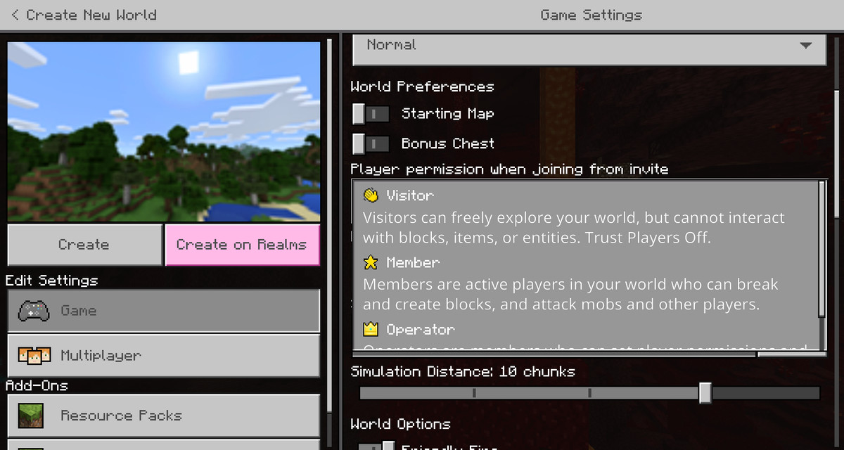 Ett exempel på automatiska behörigheter som kan ställas in i Minecraft
