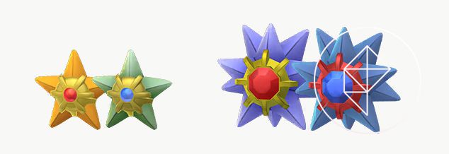 Shiny Staryu och Starmie står bredvid sina originalversioner. Shiny Staryu är grön med en blå pärla och Shiny Starmie är blå med en matchande blå pärla.