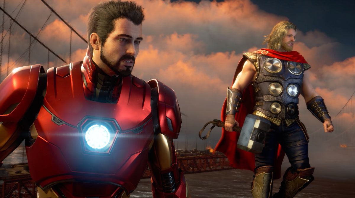 Iron Man och Thor svävar nära Golden Gate Bridge i en skärmdump från Marvel's The Avengers-spelet.