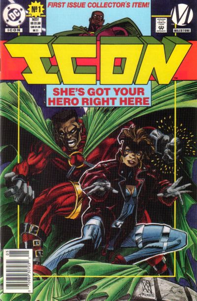 Omslaget till Icon # 1 har Icon, en svart manlig superhjälte i en röd dräkt med en voluminös grön kappe, och Rocket, en yngre svart tonårig tjej i en futuristisk getup med en röd jacka över sig. Milestone Comics (1993). 