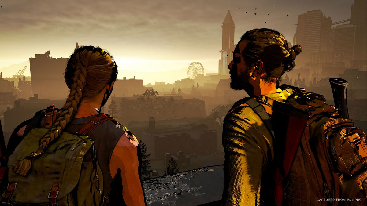 Abby och Manny står på ett tak på Seattle i The Last of Us del 2 med pariserhjulet vid vattnet synligt i fjärran, med ett cel-skuggat filter på hela skärmen från den jordade uppdateringen