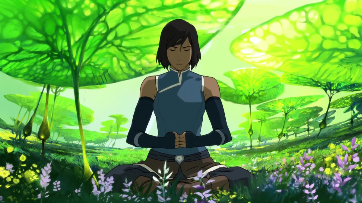 korra mediterar i andevärldarna i legenden om korra bok 4