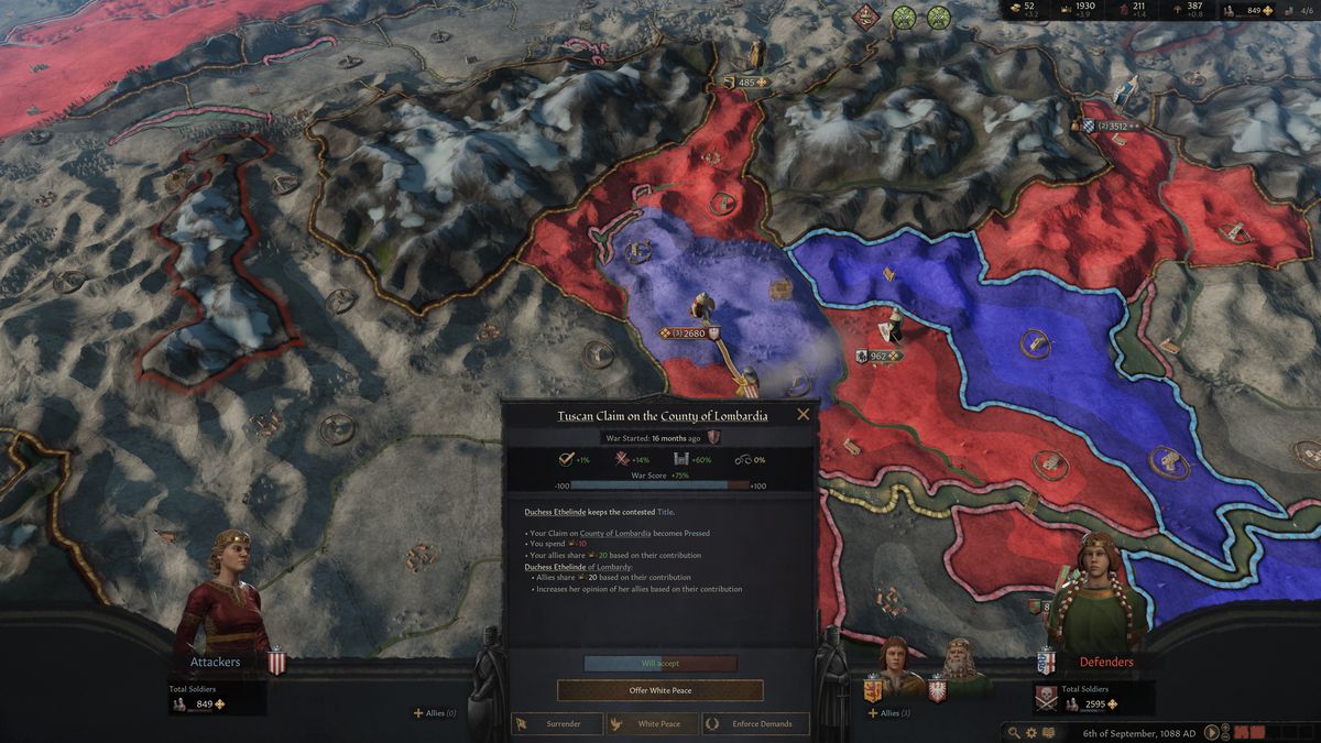 Krigsresultatet ligger fast vid 75% medan en massiv armé tappar ner från norr i Crusader Kings 3