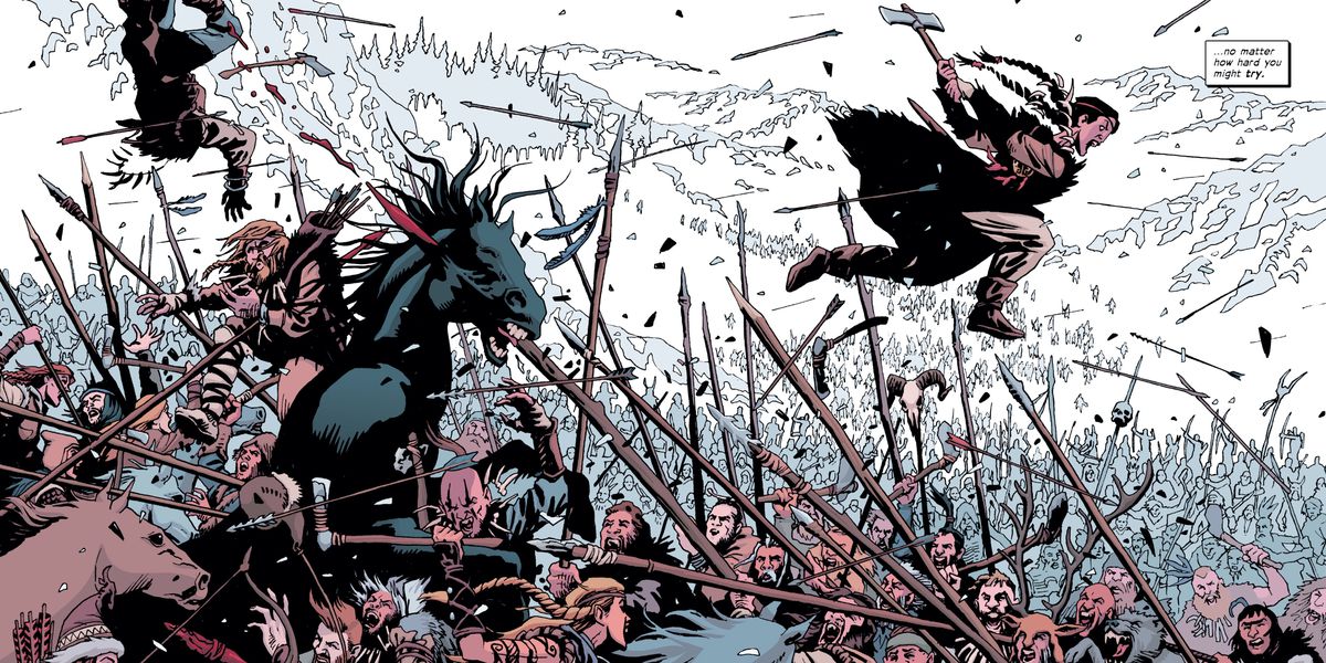 Andromache the Scythian hoppar in i en slagen och forntida strid och svänger en yxa i The Old Guard: Force Multiplied # 2, Image Comics (2020). 