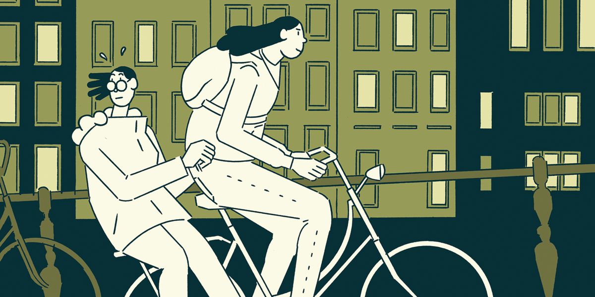 Sophie och Zena cyklar tillsammans på omslaget till The Contradictions, Drawn and Quarterly (2020). 
