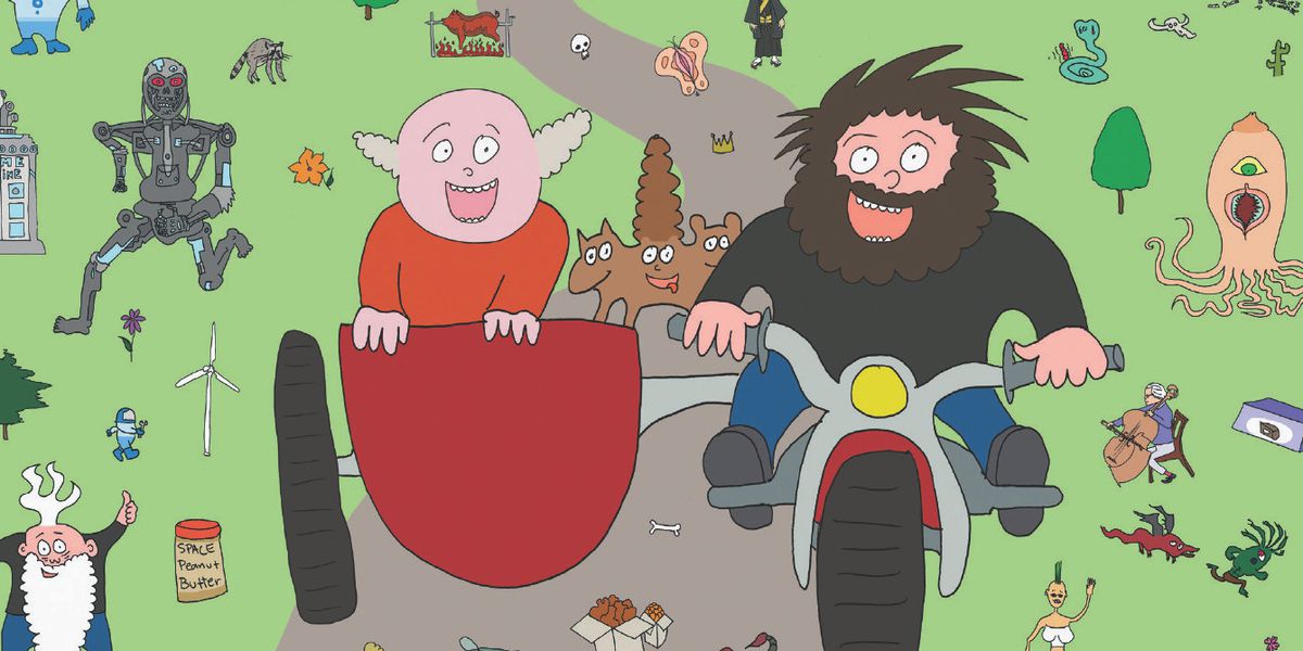 Kyle och Jack rider på sin motorcykel och sidobil, omgiven av konstiga karaktärer från Post Apocalypto, Fantagraphics (2020). 