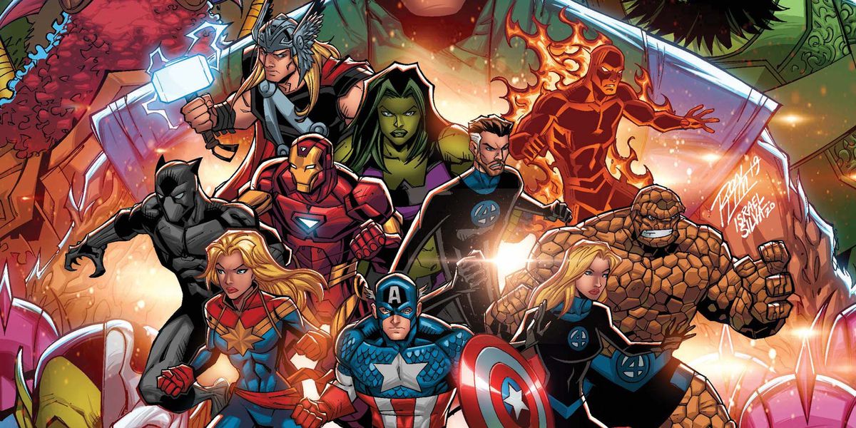 Avengers and the Fantastic four tävlar mot sina fiender på omslaget till Empyre Handbook # 1, Marvel Comics (2020). 