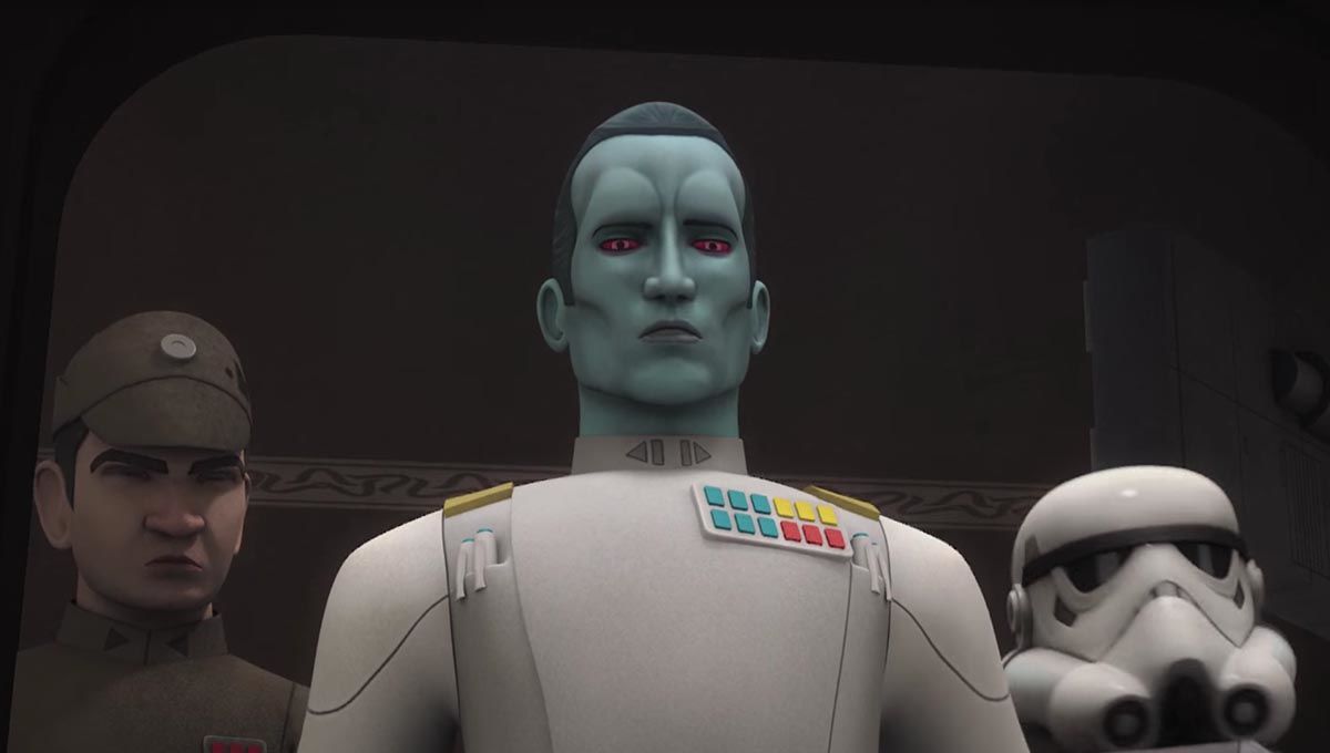 Thrawn in Star Wars: Rebeller står framför en kejserlig officer och stormtrooper