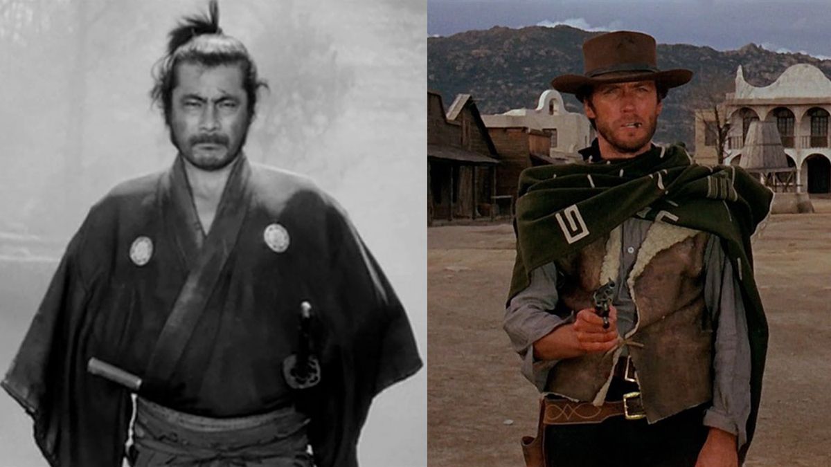 En kompositbild av Toshiro Mifune i Yojimbo och Clint Eastwood i A Fistful of Dollars