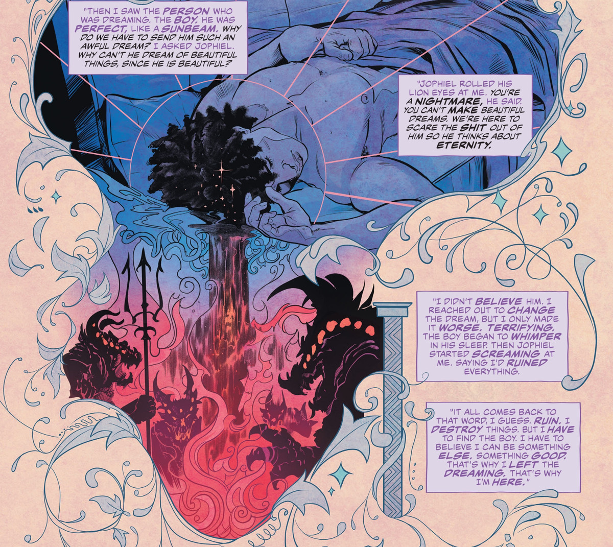 Ruin, en mardröm, beskriver att se sin första laddning och omedelbart bli kär, utan att kunna utföra sin funktion att ge den vackra mannen en mardröm, i The Dreaming: Waking Hours # 2, DC Comics (2020). 