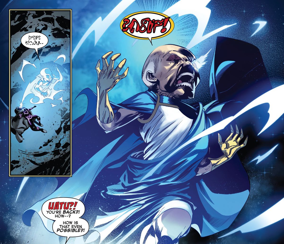 Uatu the Watcher kommer från Nick Fury-huvudet på den blå sidan av månen i Empyre: Fallout Fantastic Four, Marvel Comics (2020). 