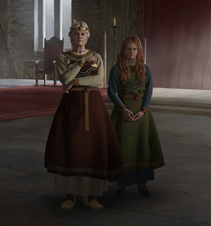 Crusader Kings 3 - en gammal högdrottning står bredvid sitt unga barnbarn, arvtagaren till hennes rike.