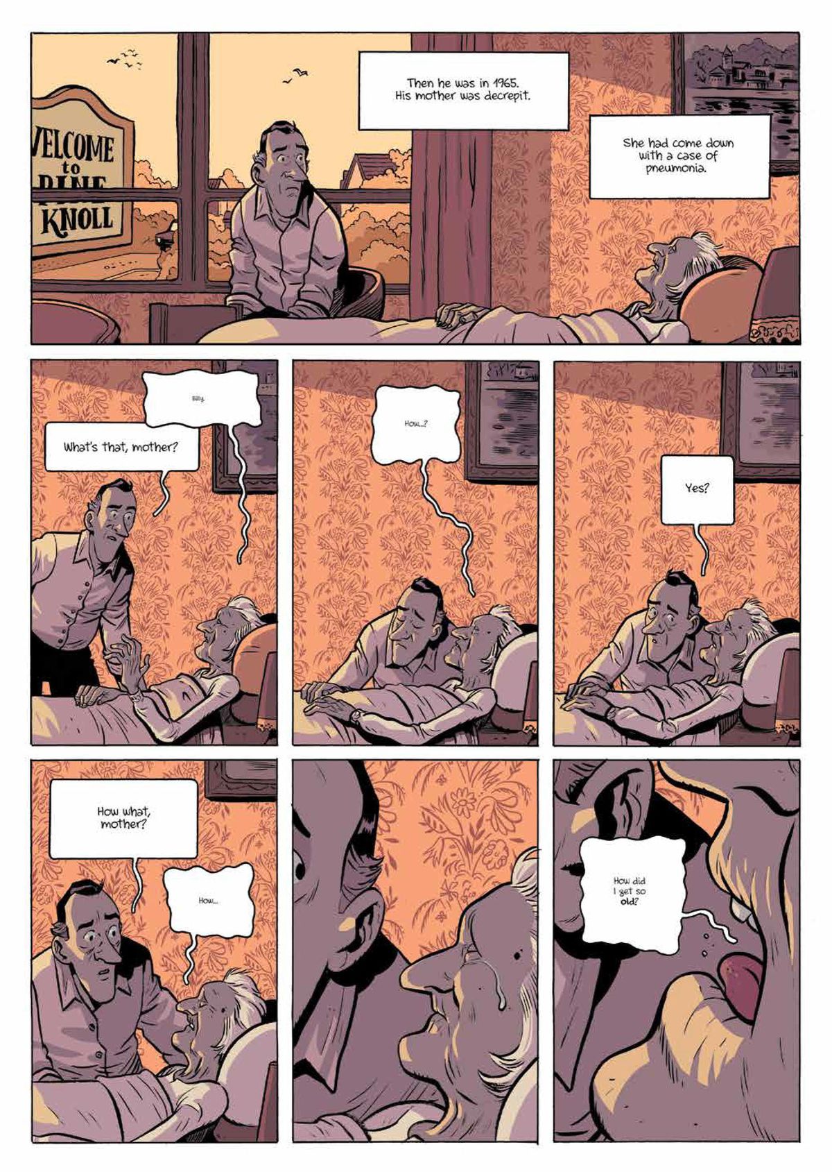 Billy Pilgrim sitter med sin sjuka mamma när hon frågar honom ”Hur blev jag så gammal” i Slaughterhouse-Five, Boom Studios (2020). 