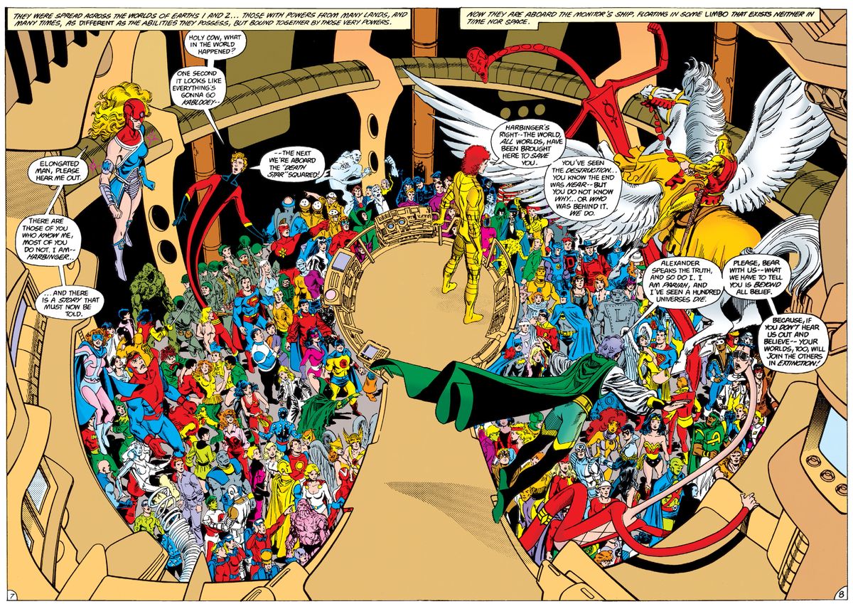 Dussintals dussintals hjältar samlas i Harbingers rymdskepp i Crisis on Infinite Earths, DC Comics (1985). 
