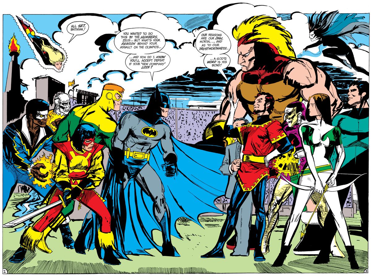 Batman and the Outsiders möter mot Maxie Zeus och hans nya olympier i Batman and the Outsiders # 15, DC Comics (1984). 
