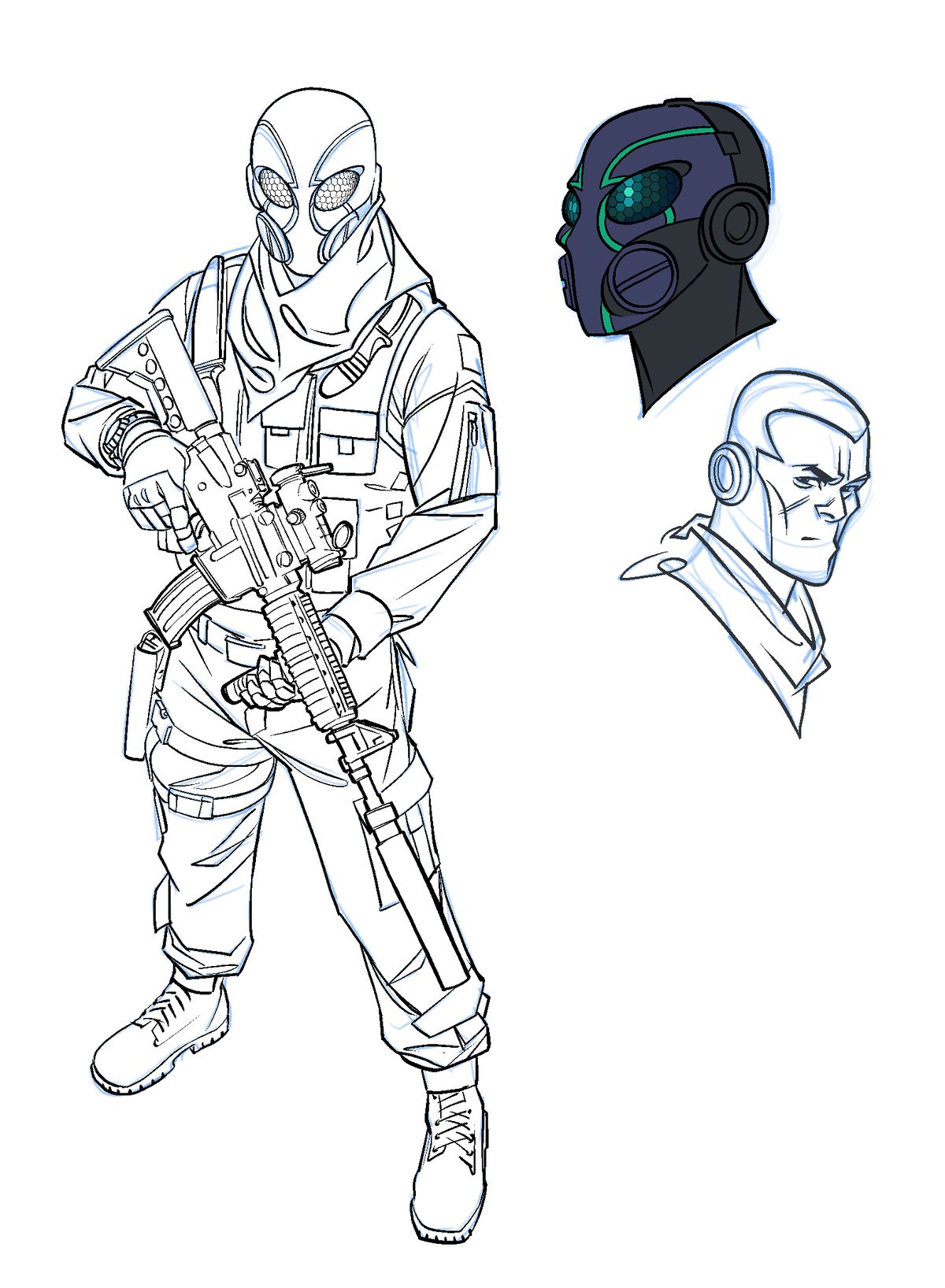 An equipped special operative in a strange full face mask, carrying a sniper rifle, in concept art from Thomas River. 