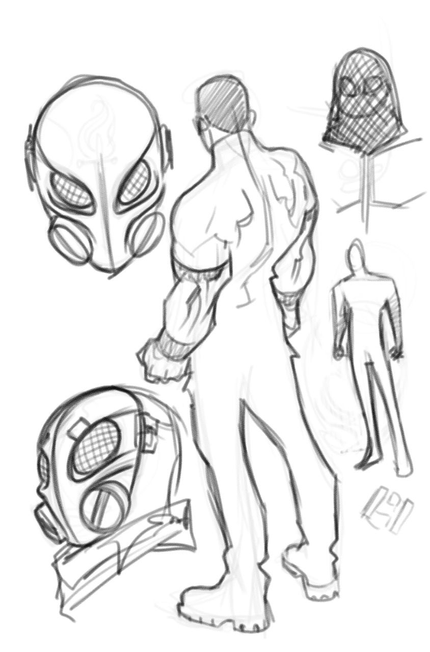 Concept art of a man in a mask with segmented eye patches and dual cylinders over the mouth, like a gas mask, from Thomas River.