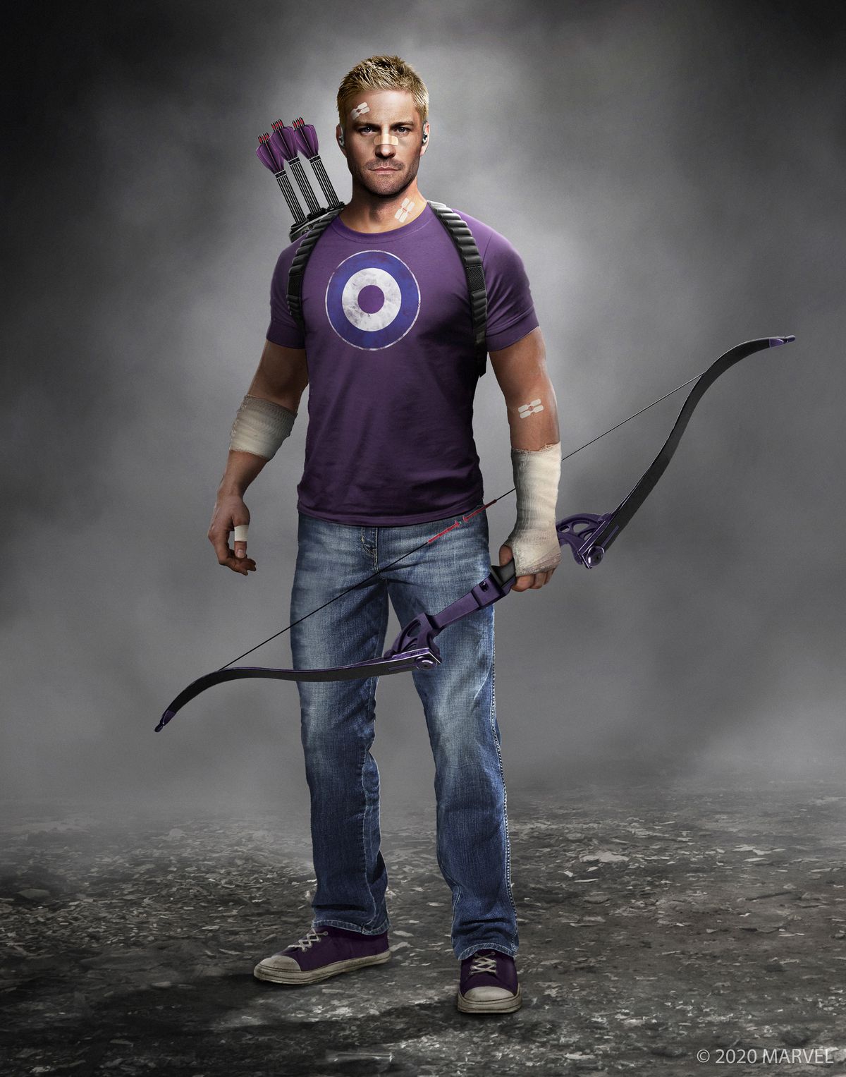 konceptkonst av Hawkeye / Clint Barton i Marvels Avengers, klädd i en lila T-shirt med en bullseye på och blå jeans, med en lila båge i vänster hand med en kogger som är slungad på ryggen och håller tre lila pilar