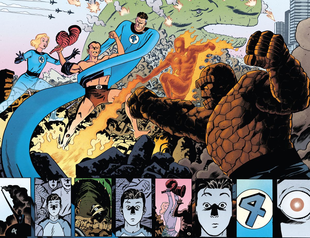 The Fantastic Four-striden Namor and the Mole Man på live-tv, som en ung Scott Summers / Cyclops ser med vördnad och identifiering, i X-Men: Marvel Snapshots, Marvel Comics (2020). 