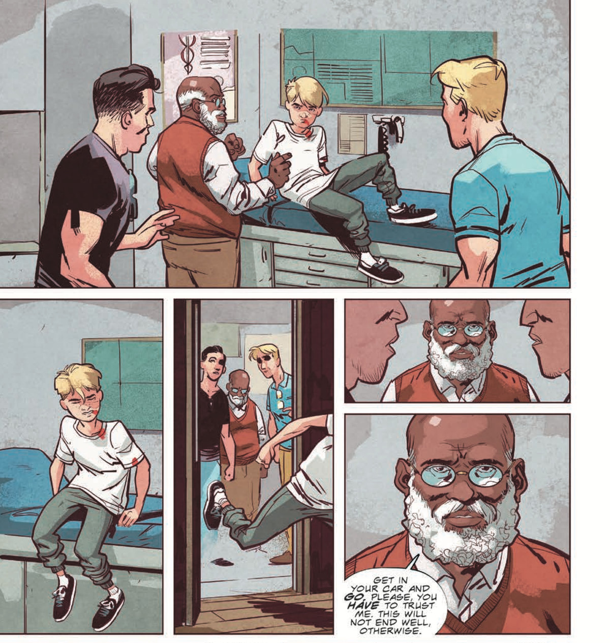 Två män ser en kritiskt skadad tonårspojke sitta upp från en läkares undersökningsbord och springa ut genom dörren. ”Gå in i din bil och gå”, säger läkaren till dem. ”Snälla, du måste lita på mig. Detta kommer inte att sluta bra, annars ”i Stillwater # 1, Image Comics (2020). 