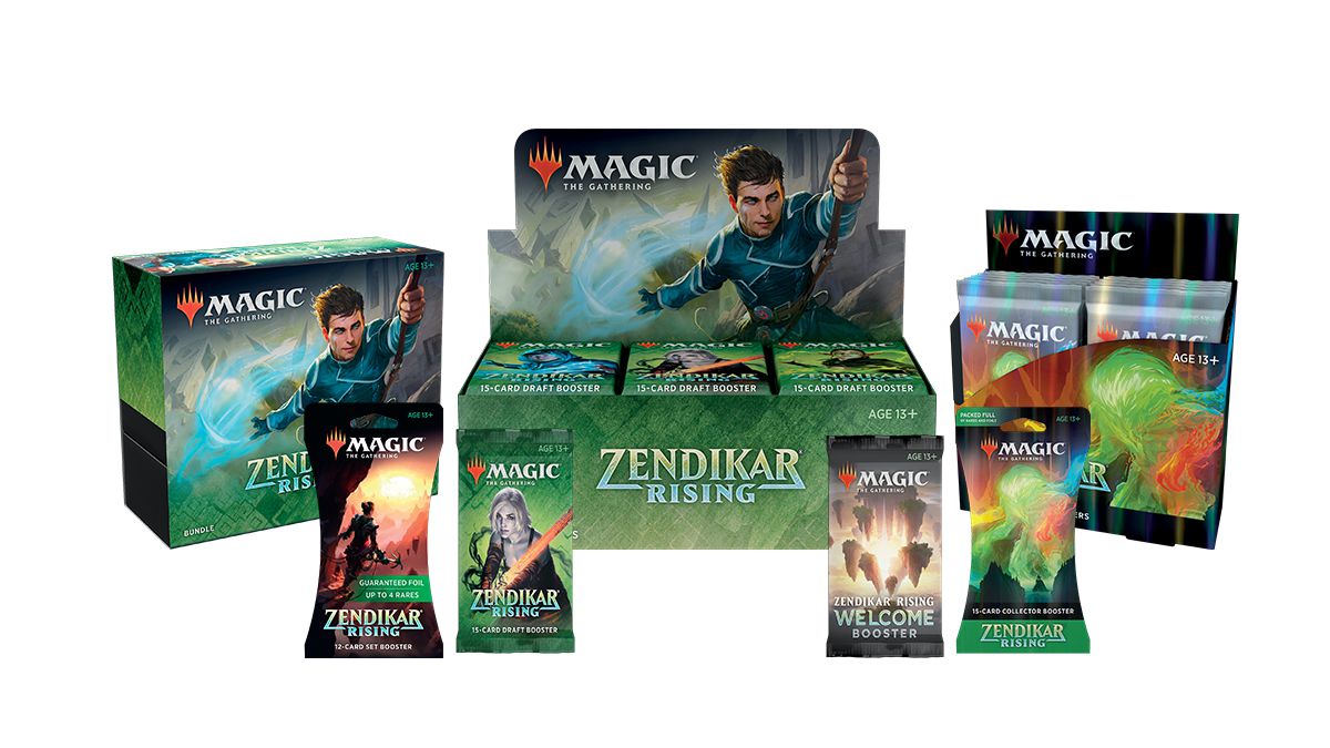 En samling Magic: The Gathering-produkter med Zendikar-märkning.
