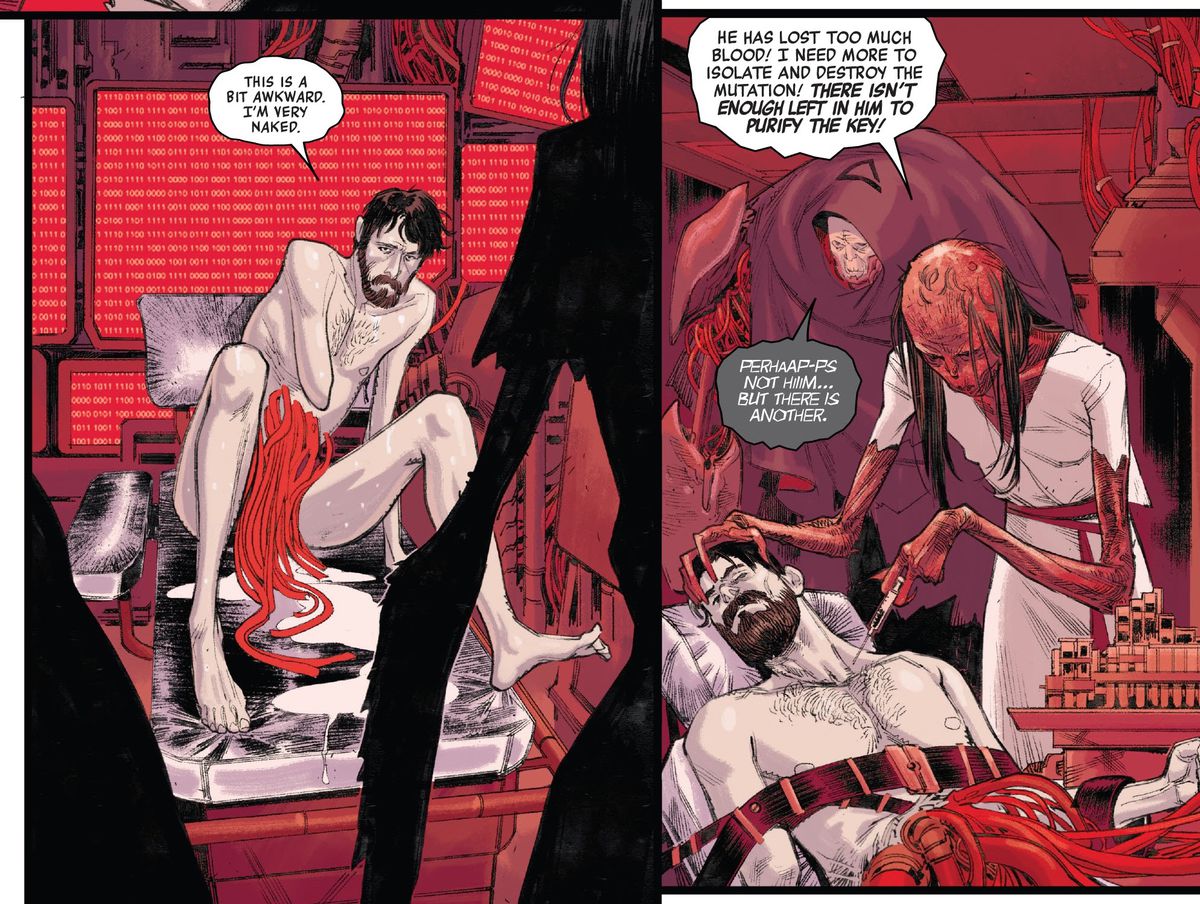 ”Det här är lite besvärligt. Jag är väldigt naken, säger Peter Parker. Han är verkligen naken, utmattad, med en spole av dussintals röda rör som på något sätt är ansluten till hans mage, medan han drivs av den spindelmässiga, skalade skinniga spindelmänska hybrid, i Spider-Man # 4, Marvel Comics ( 2020). 