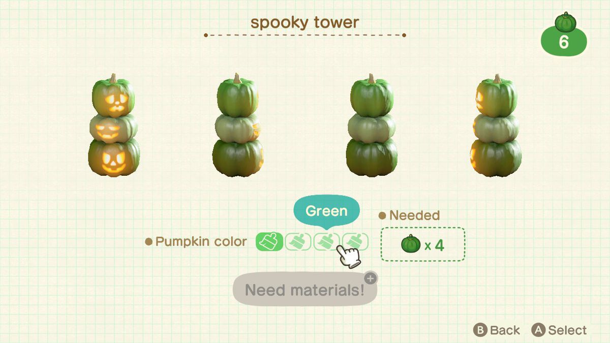 En anpassningsskärm i Animal Crossing: New Horizons, som visar en Spooky Tower grön från orange.
