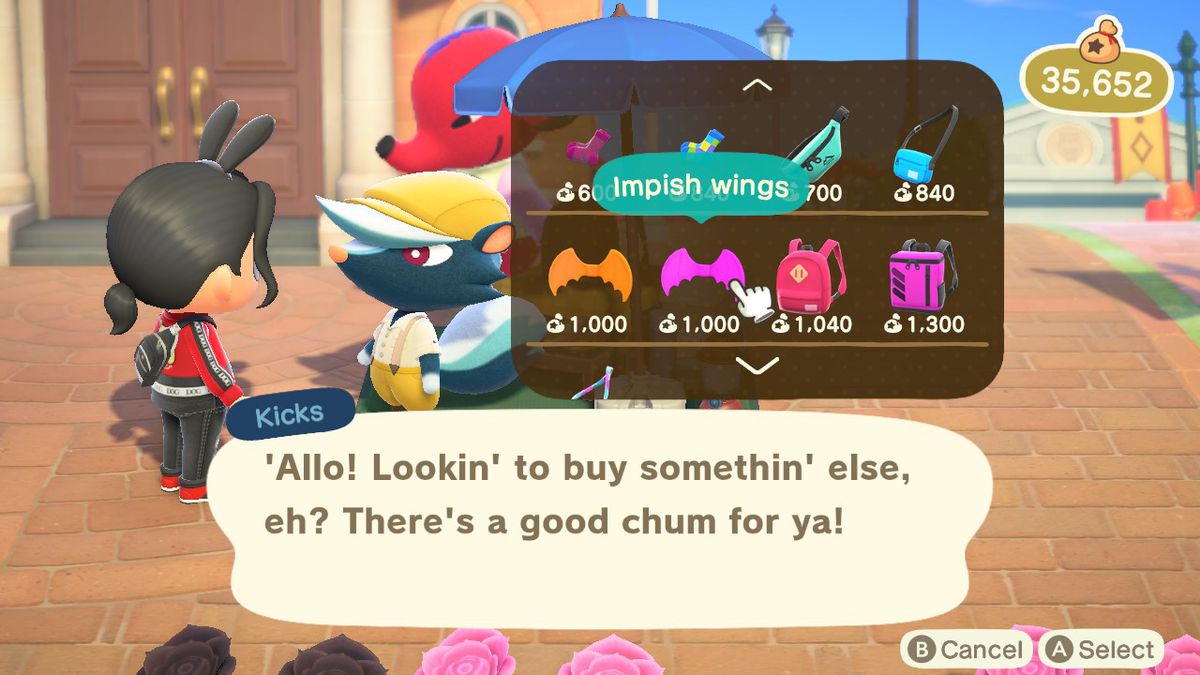 En Animal Crossing-karaktär tittar på Kicks 'varor, som inkluderar Impish Wings