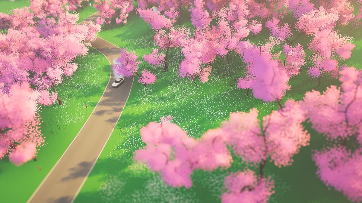 rosa blommande träd sträcker sig över en landsbygdsväg i Art of Rally