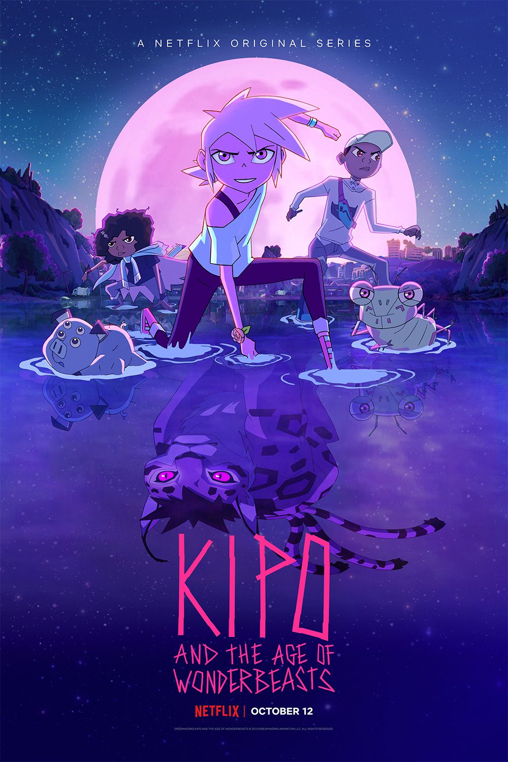 säsong 3 affisch av Kipo och Wonderbeasts ålder, med kipo fram och mitt, en jaguar reflektion i vattnet