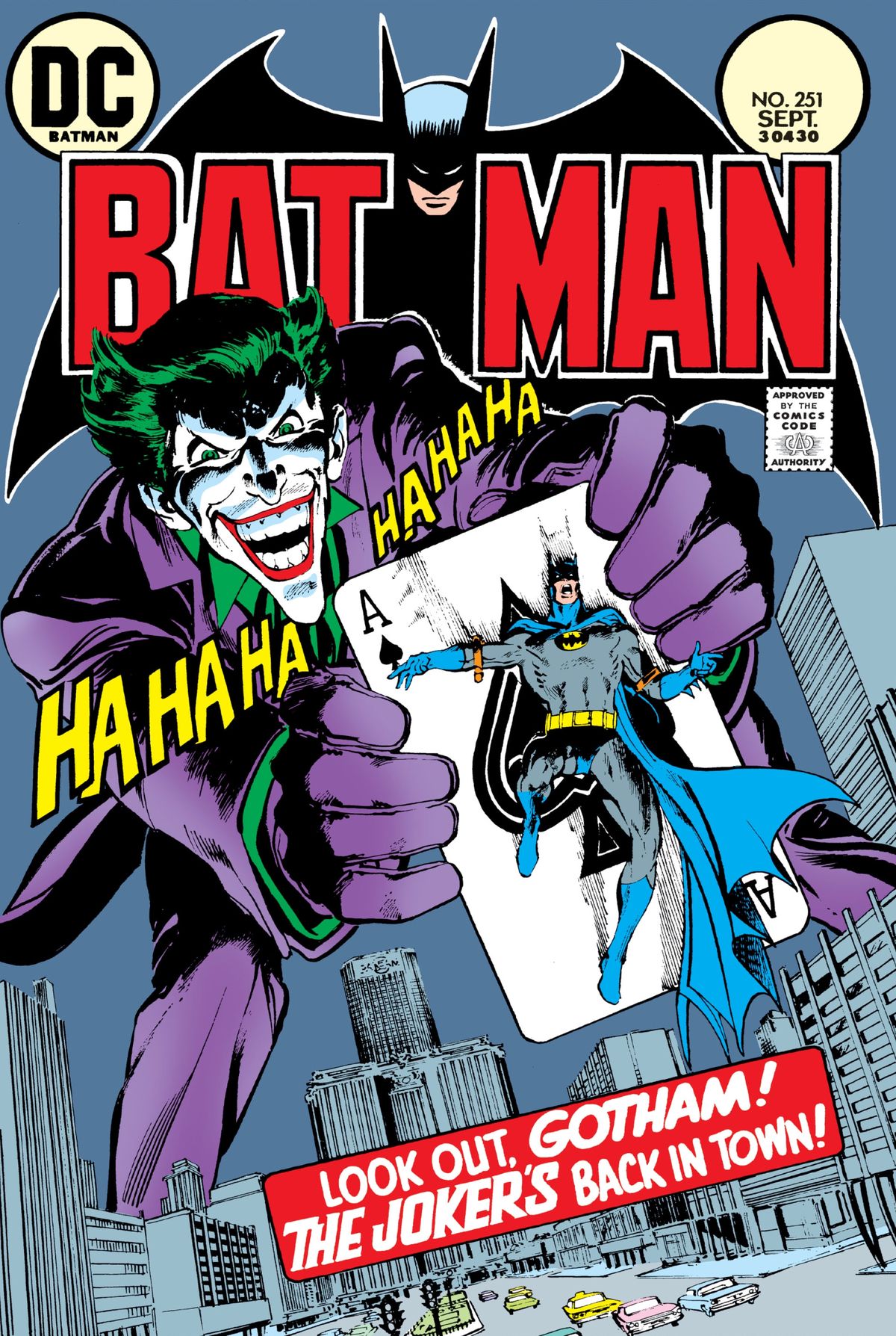 Skrattande, en jätte Joker dinglar Batman från ett spelkort på omslaget till Batman # 251, DC Comics (1973). 