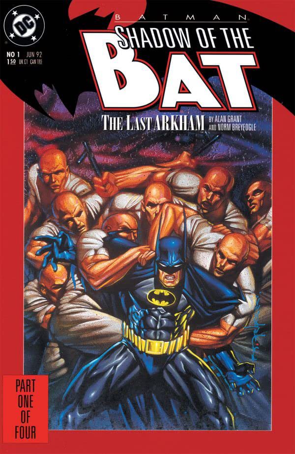 Batman kämpar mot armarna på en horde utbytbara orderlister på omslaget till Shadow of the Bat # 1, DC Comics (1992). 
