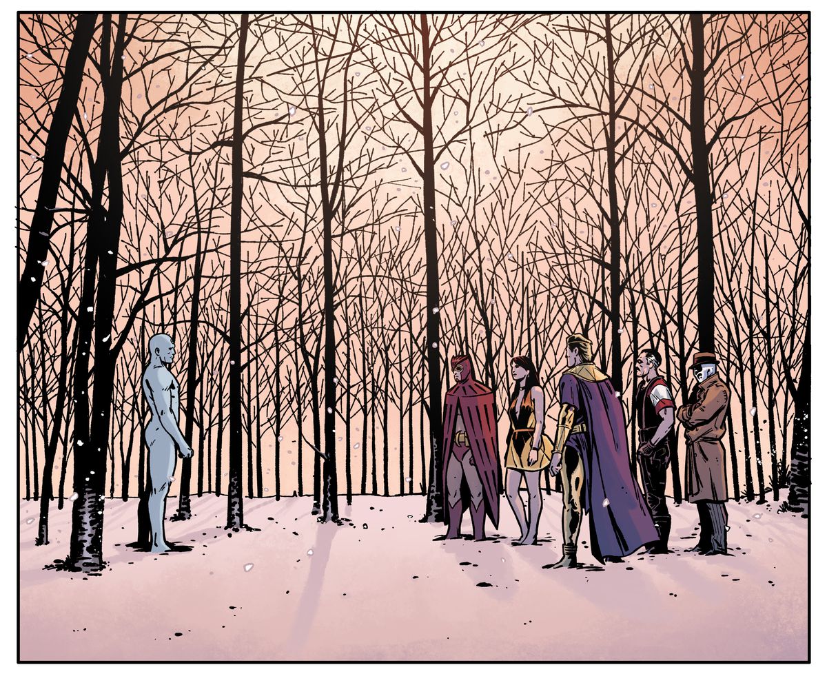 Doctor Manhattan, Nite Owl, Silk Spectre II, Ozymandias, the Comedian och Rorschach står alla i en snötäckt skog, i en panel från Rorschach, DC Comics. 