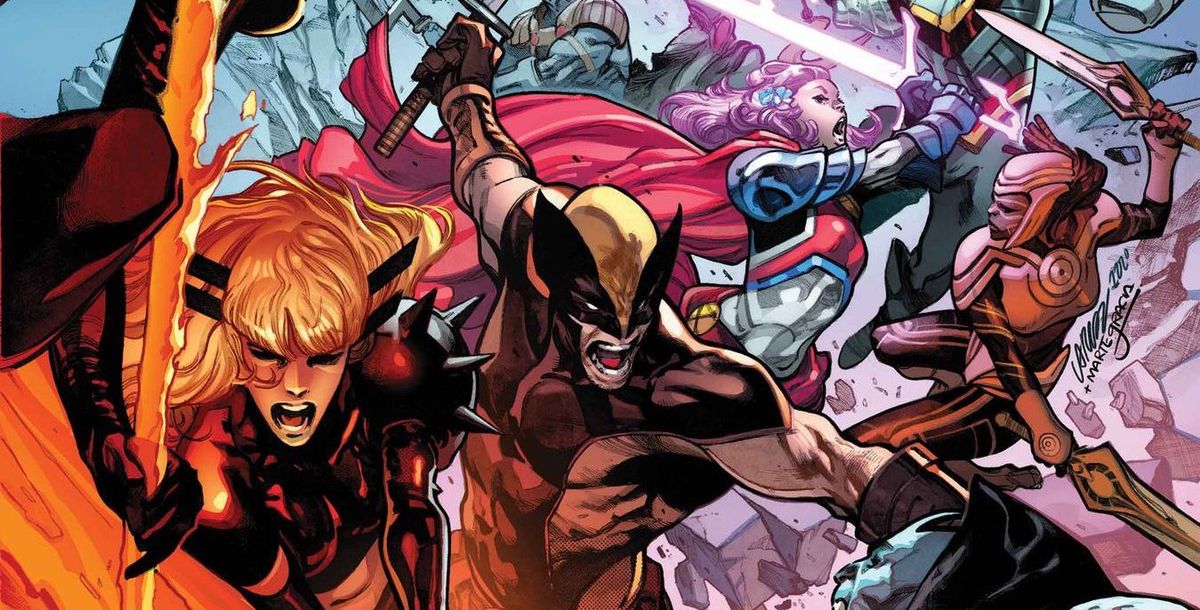 Magik, Wolverine och Captain Britain svärdar mot sina fiender på omslaget till X of Swords: Destruction # 1, Marvel Comics (2020). 