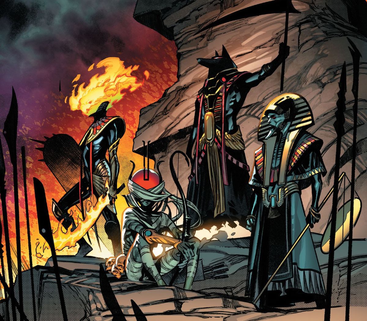 Apokalypsens första ryttare, utsmyckade i forntida egyptisk stil, en mumifierad solhögskytt, en flammad figur med ett flammande svärd, en sjakalhövdad gud med en lie och en egyptisk dödmaskad man med en skala, i X of Swords : Creation, Marvel Comics (2020). 