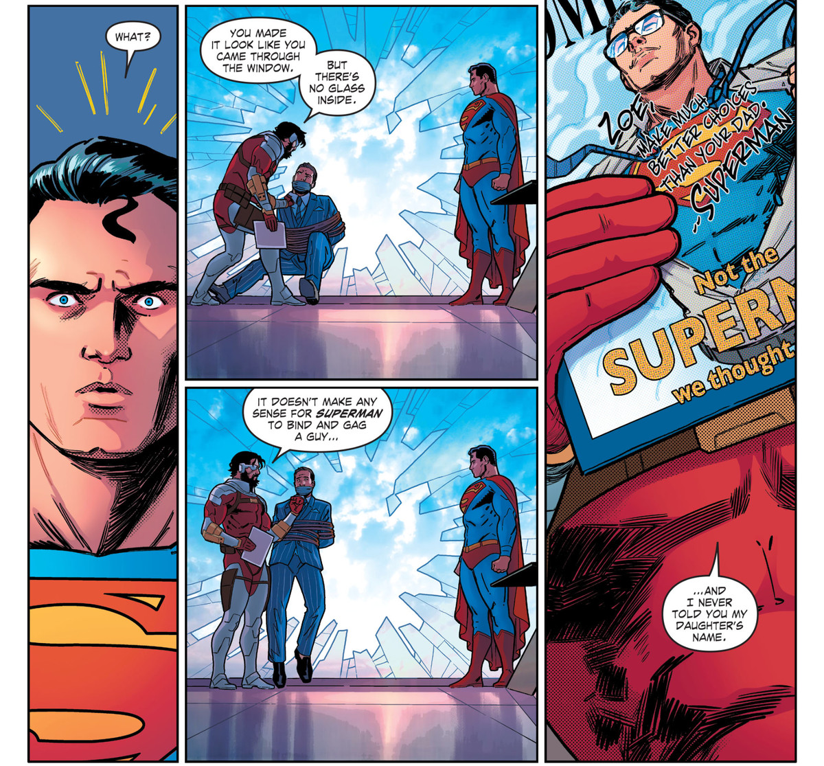 Deadshot drar slutsatsen att han pratar med någon förklädd som Superman, inte den verkliga Superman, i Suicide Squad # 9, DC Comics (2020). 