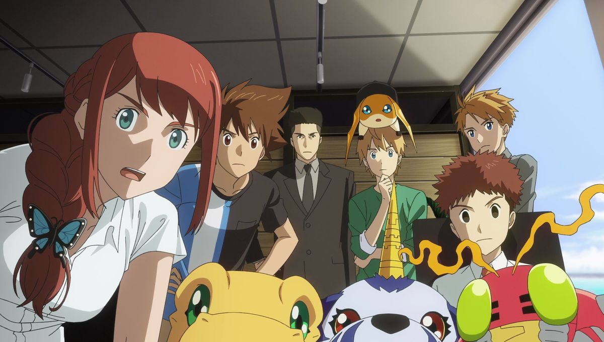 Digimon-rollen, människor och Digimon tillsammans, samlas runt för att stirra in i kameran