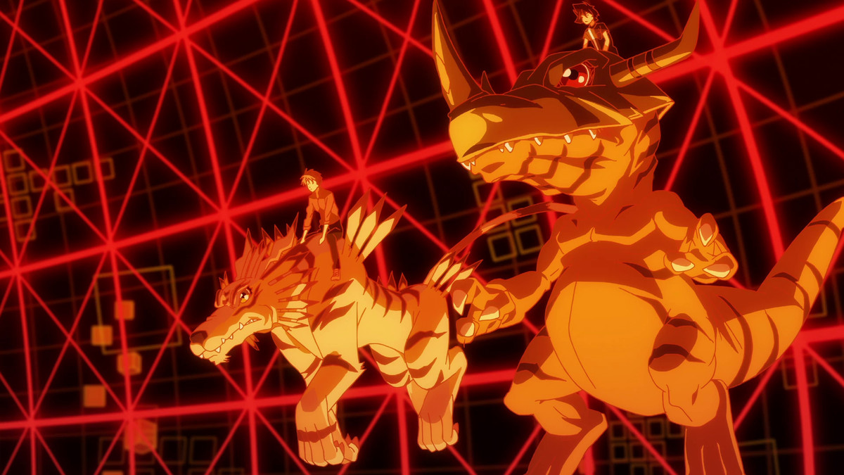 Två DigiDestined åker ovanpå deras Digimon i ett djupt orange virtuellt fält