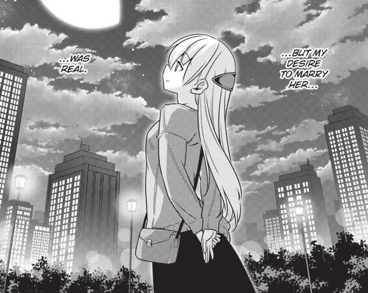 En flicka med ett stort hårklämma tittar in i himlen omgiven av byggnader, Fly Me to the Moon, Vol. 1, Viz Media. 