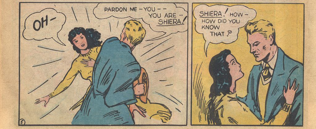 Carter och Shiera träffas för första gången i sina nuvarande liv, i den allra första Hawkman-berättelsen i Flash Comics # 1, DC Comics (1940). 