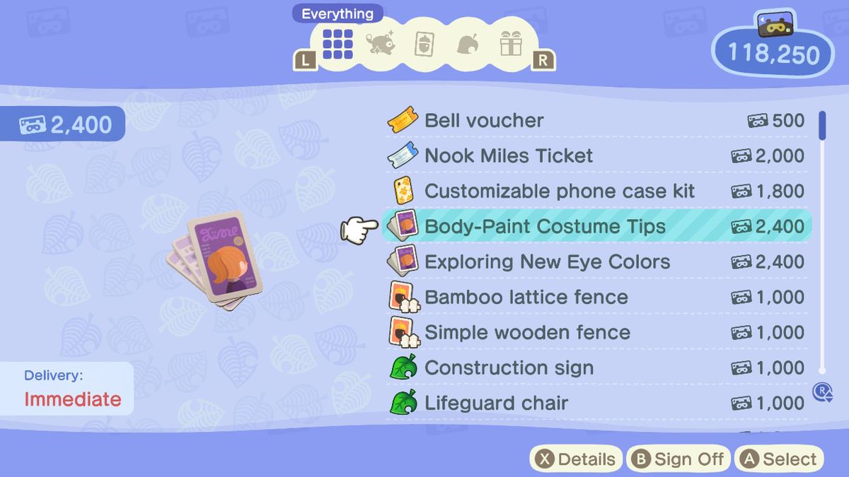 The Nook Stop in Animal Crossing: New Horizons, visar två Halloween-färgalternativ för spelaranpassning