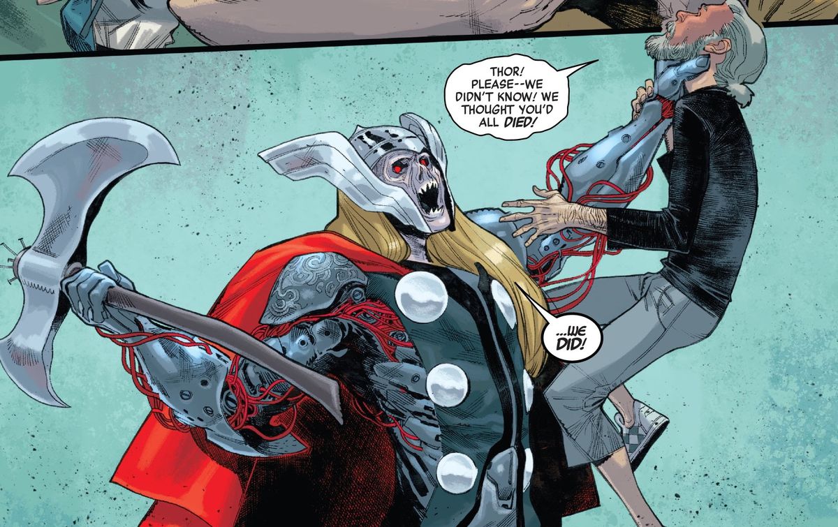 zombie thor attackerar Tony Stark i Spider-Man # 4, Marvel Comics (2020). 