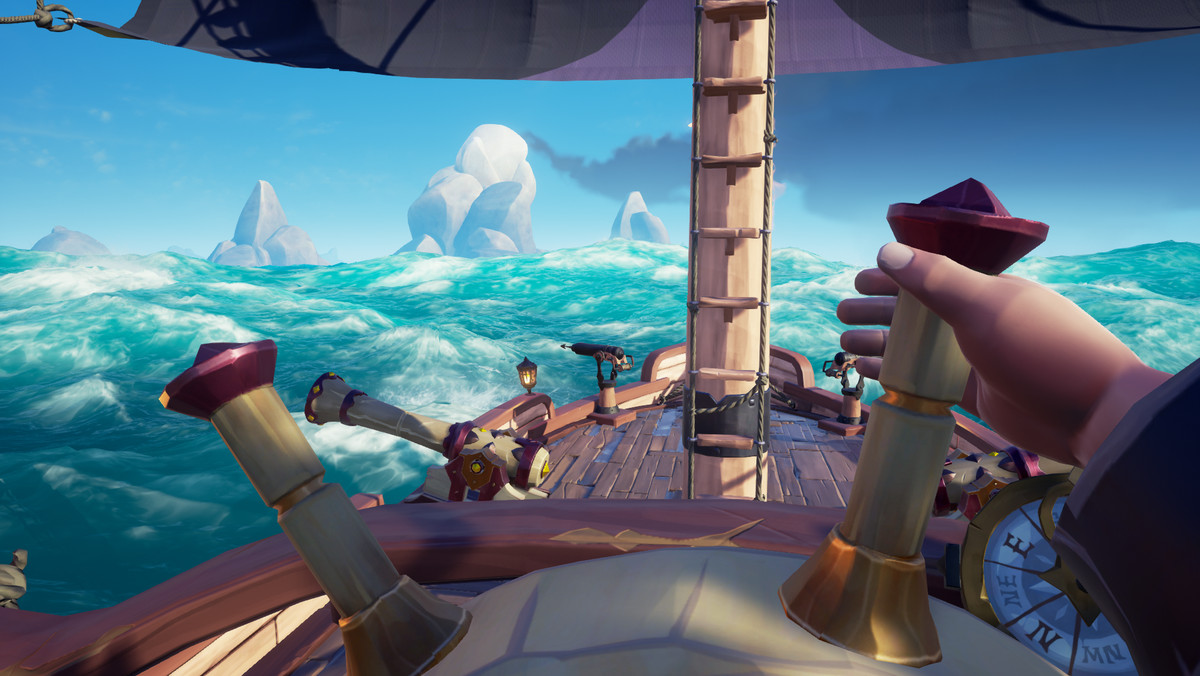 Sea of ​​Thieves - en spelare som använder första personens perspektiv styr en sloop.