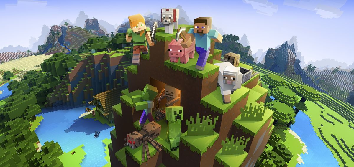 Minecraft-karaktärer poserar på en kulle