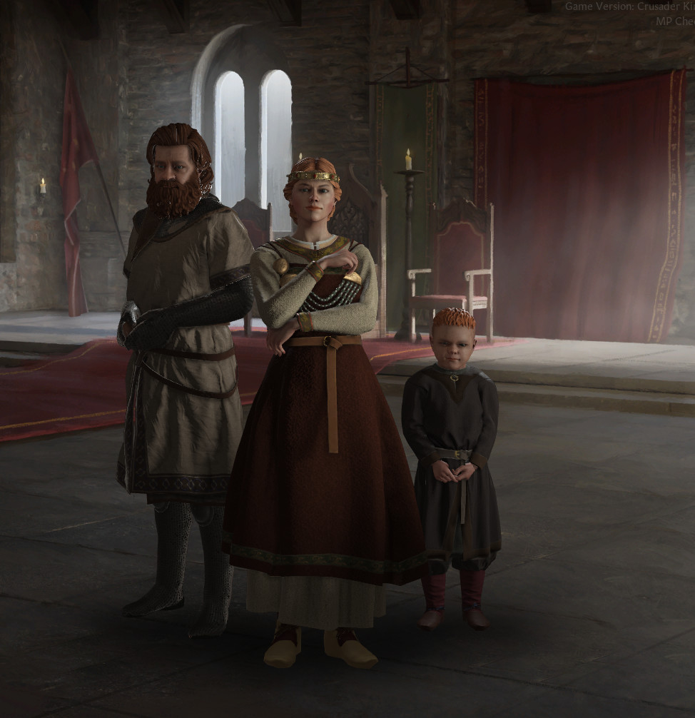Crusader Kings 3 - en högdrottning står i medeltida klädsel bredvid sin man och unga arvinge