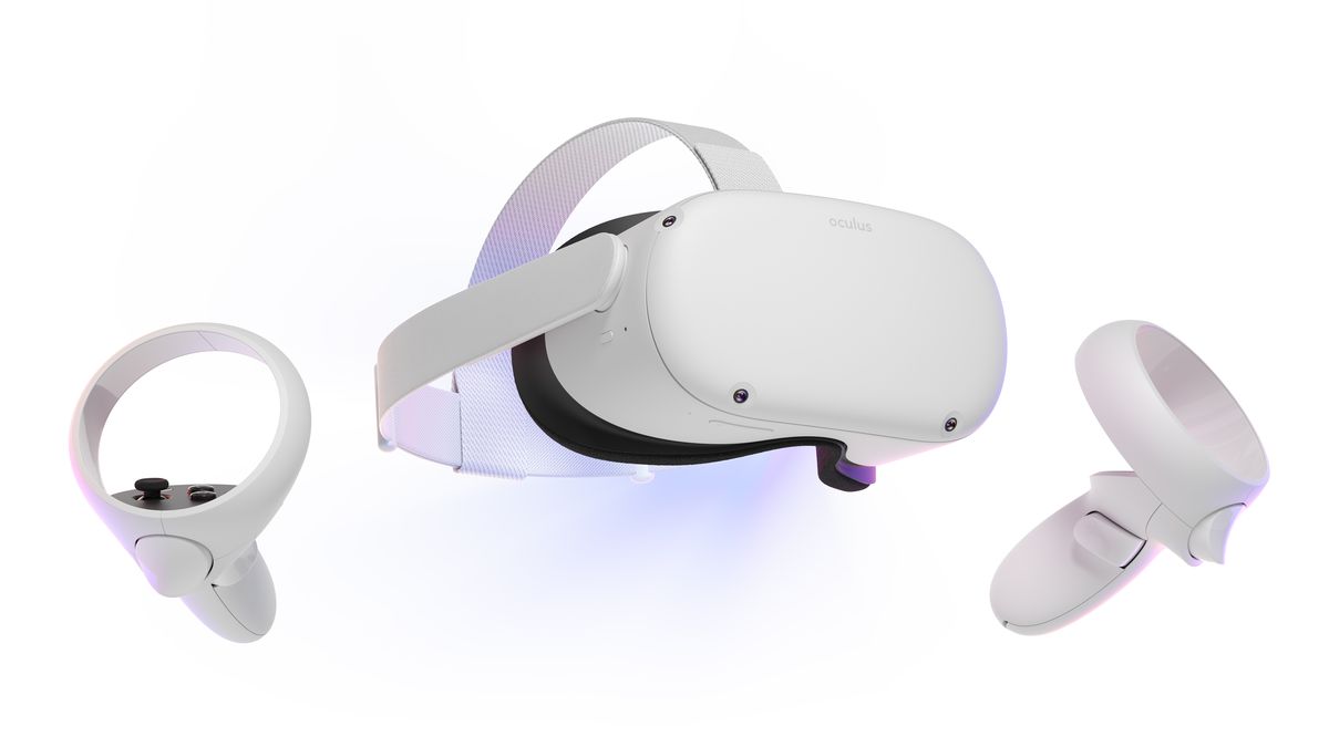 Ett vitt VR-headset med två styrenheter