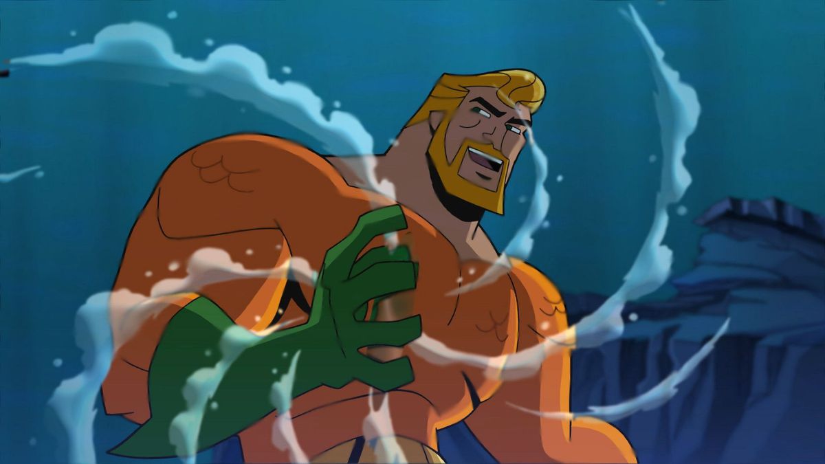 Aquaman från den animerade Justice League, med vatten som virvlar runt ena handen