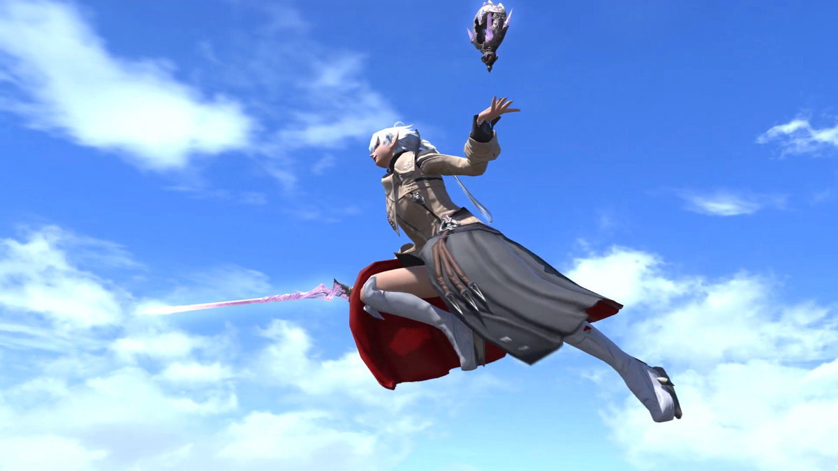 Alisae hoppar upp i luften och håller sin rapier med den ljusblå himlen bakom sig
