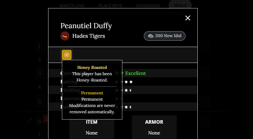 En skärmdump av Peanutiel Duffys statssida som visar att de är Honey Roasted