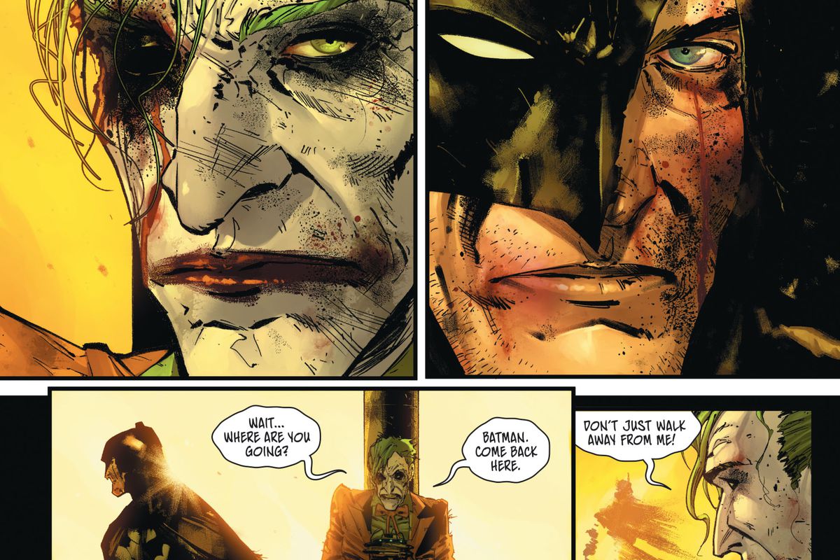 Batman, med en sprucken öppen mask, och Jokern, som saknar ett öga, stirrar ner varandra. Sedan går Batman iväg när Jokern protesterar: ”Vart ska du? Läderlappen. Kom tillbaka. Gå inte bara bort från mig! ” i Batman # 100, DC Comics (2020). 